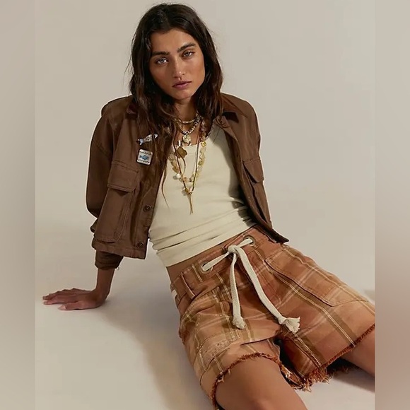 Free People Pants - FREE PEOPLE Moxie Barrel Denim Shorts Rust Plaid NWT We The Free